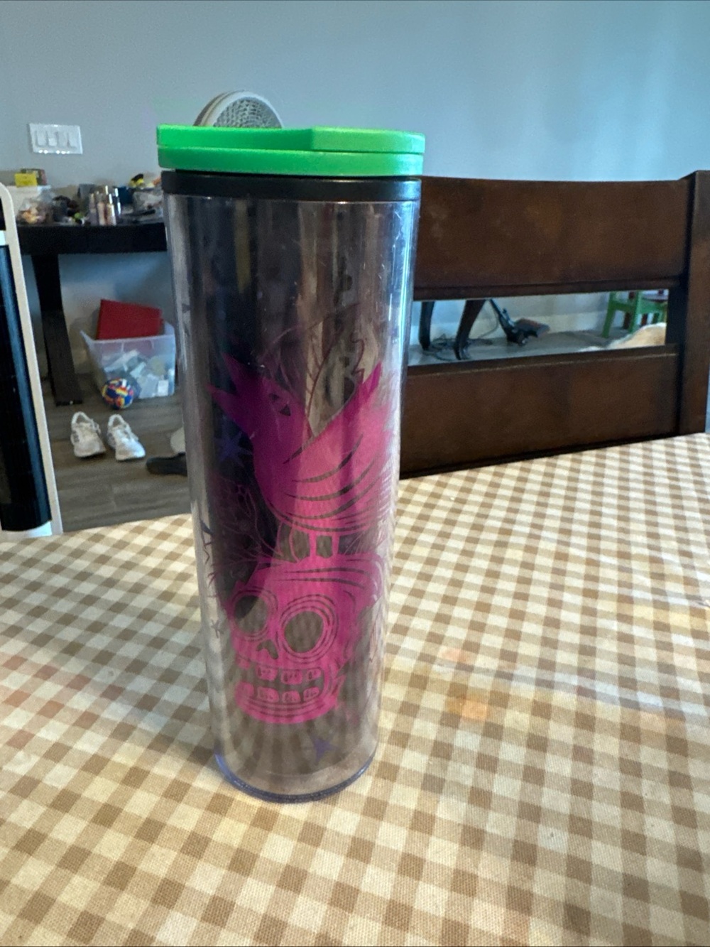 Clear Travel Tumbler with Pink Skull Graphic and Green Lid